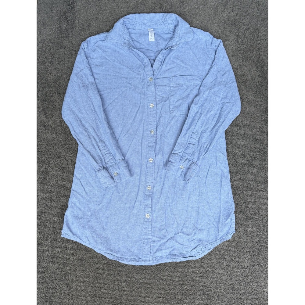 Stars Above Light Blue Linen Blend Button Down Sleep Shirt Nightgown Small
